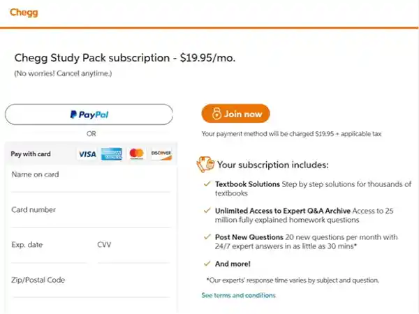 Chegg payment info section